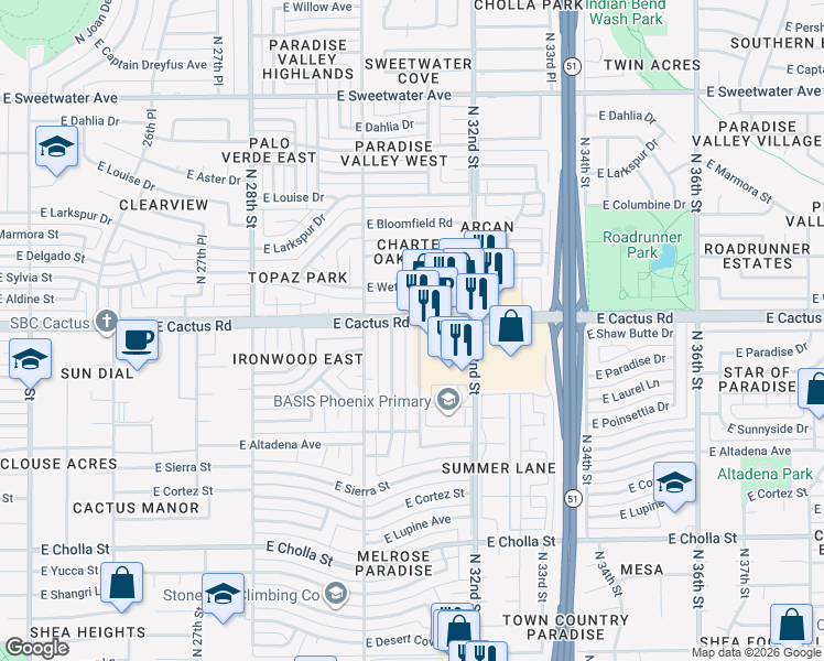map of restaurants, bars, coffee shops, grocery stores, and more near 3040 East Cactus Road in Phoenix