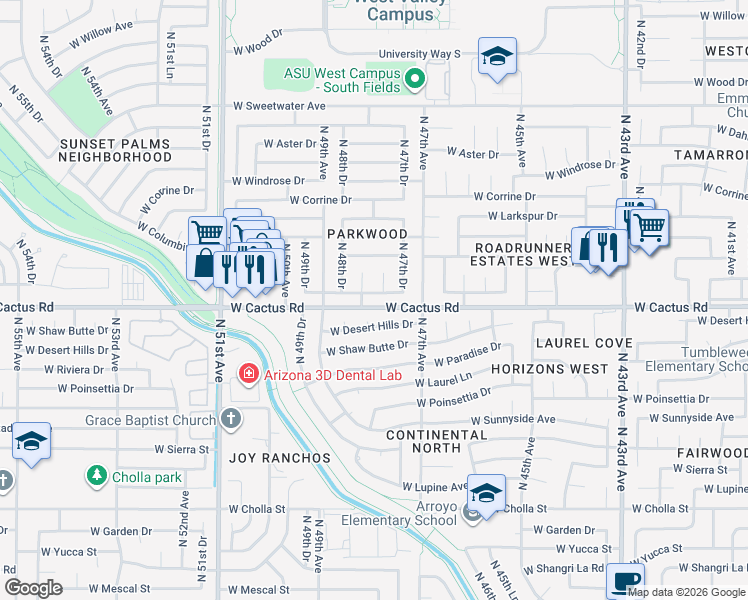 map of restaurants, bars, coffee shops, grocery stores, and more near 12215 North 48th Avenue in Glendale