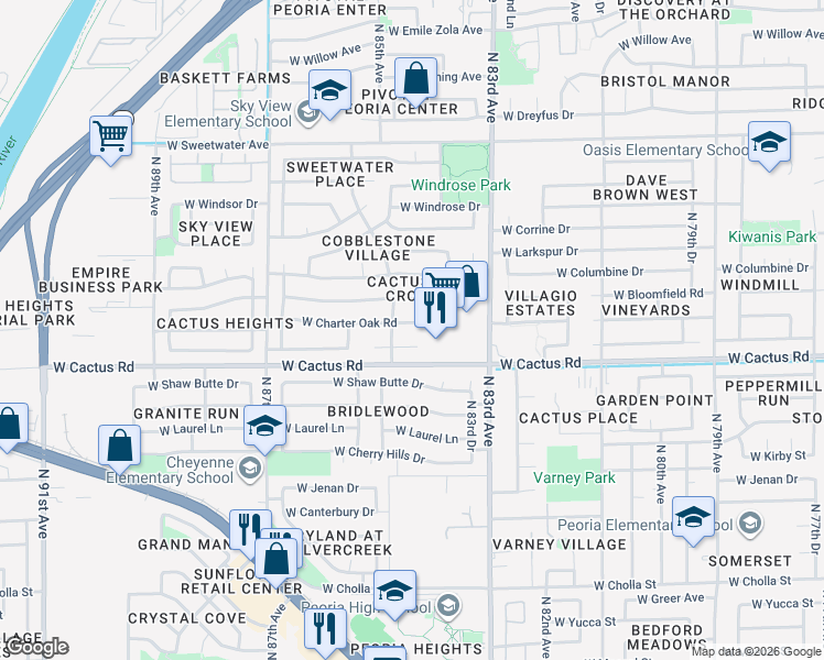 map of restaurants, bars, coffee shops, grocery stores, and more near 8432 West Charter Oak Road in Peoria