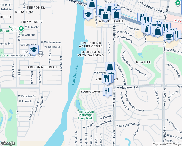 map of restaurants, bars, coffee shops, grocery stores, and more near 12322 North 113th Avenue in Youngtown