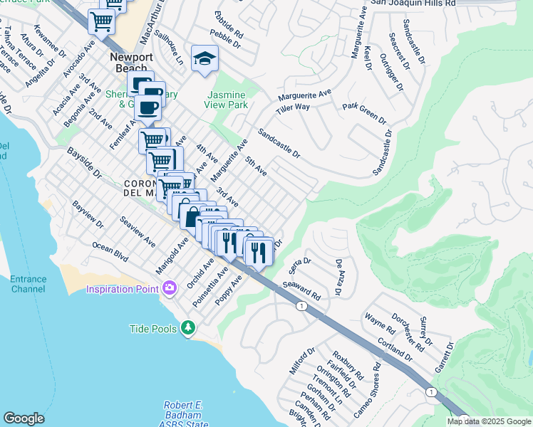 map of restaurants, bars, coffee shops, grocery stores, and more near 621 Poinsettia Avenue in Newport Beach