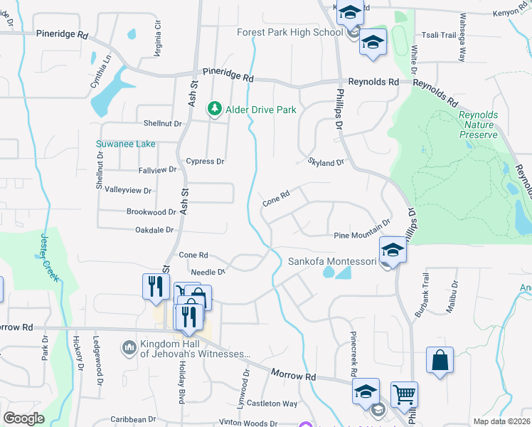 map of restaurants, bars, coffee shops, grocery stores, and more near 972 Cone Road in Forest Park