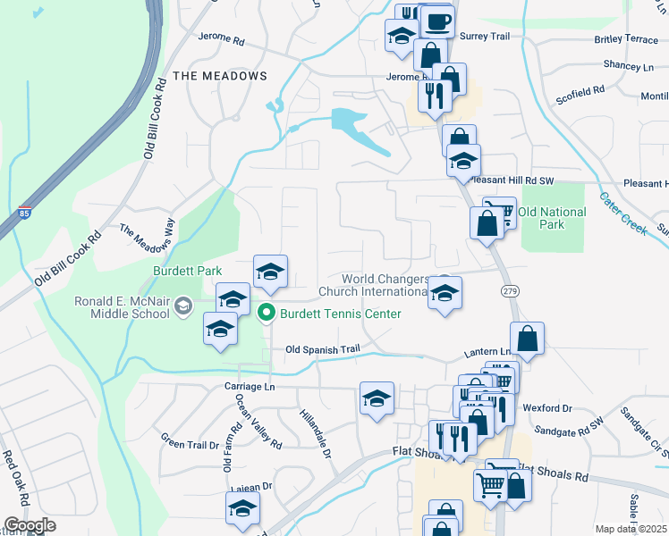 map of restaurants, bars, coffee shops, grocery stores, and more near 2570 Picardy Circle North in College Park