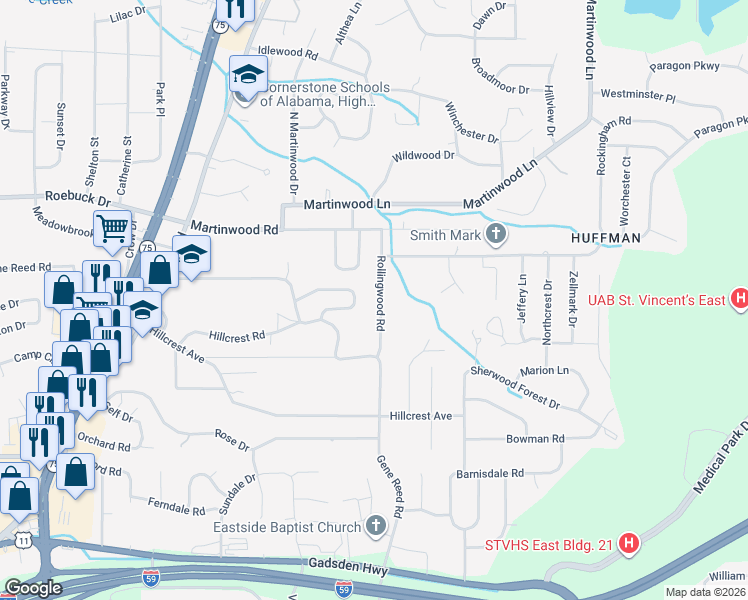 map of restaurants, bars, coffee shops, grocery stores, and more near 540 Rollingwood Road in Birmingham