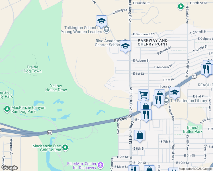 map of restaurants, bars, coffee shops, grocery stores, and more near 1501 East 1st Place in Lubbock