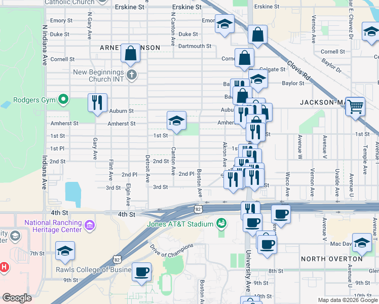 map of restaurants, bars, coffee shops, grocery stores, and more near 2711 1st Street in Lubbock