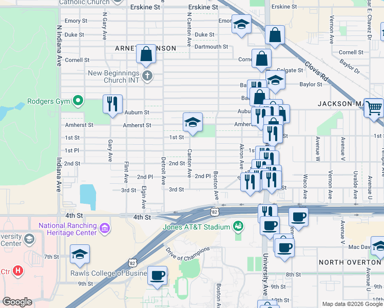 map of restaurants, bars, coffee shops, grocery stores, and more near 100 Canton Avenue in Lubbock