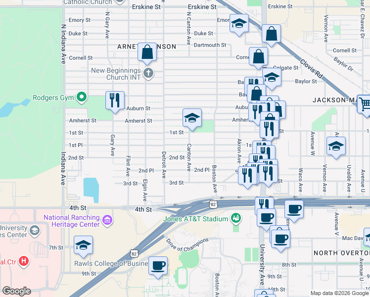 map of restaurants, bars, coffee shops, grocery stores, and more near 100 Canton Avenue in Lubbock