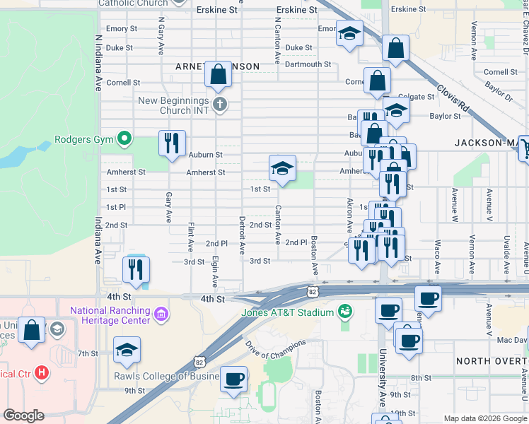 map of restaurants, bars, coffee shops, grocery stores, and more near 2818 1st Place in Lubbock