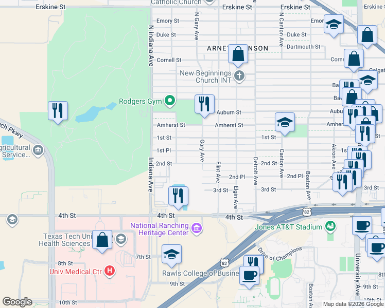 map of restaurants, bars, coffee shops, grocery stores, and more near 3212 1st Place in Lubbock