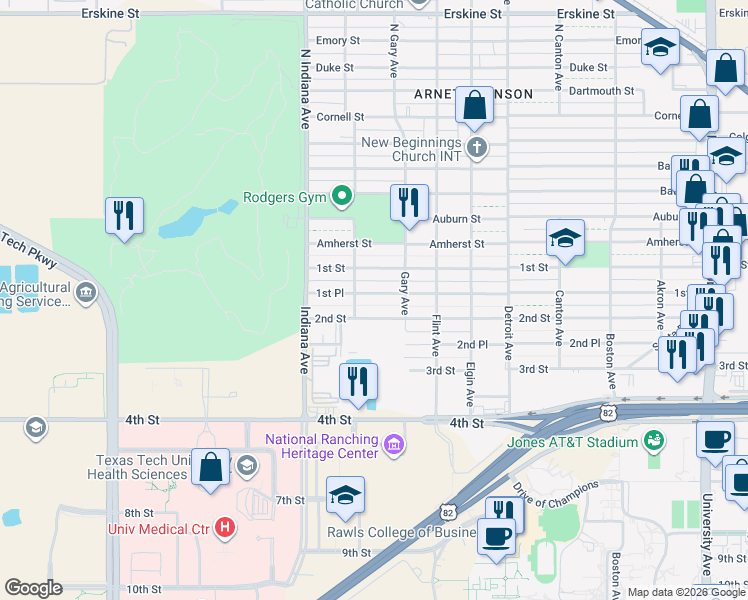 map of restaurants, bars, coffee shops, grocery stores, and more near 3212 1st Place in Lubbock