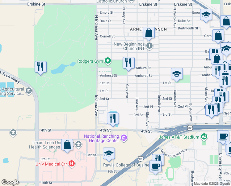 map of restaurants, bars, coffee shops, grocery stores, and more near 3212 1st Place in Lubbock