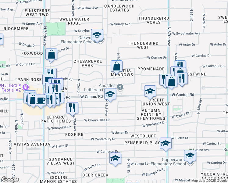 map of restaurants, bars, coffee shops, grocery stores, and more near 7038 West Wethersfield Road in Peoria