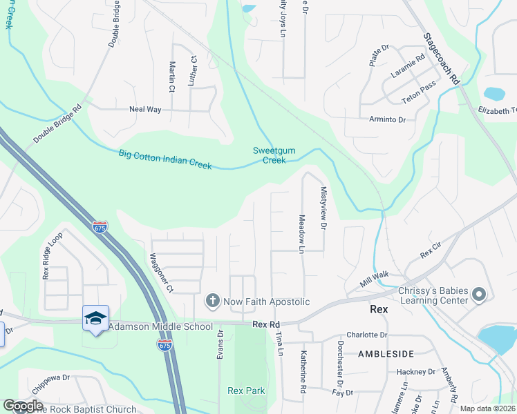 map of restaurants, bars, coffee shops, grocery stores, and more near 5780 Creekside Drive in Rex