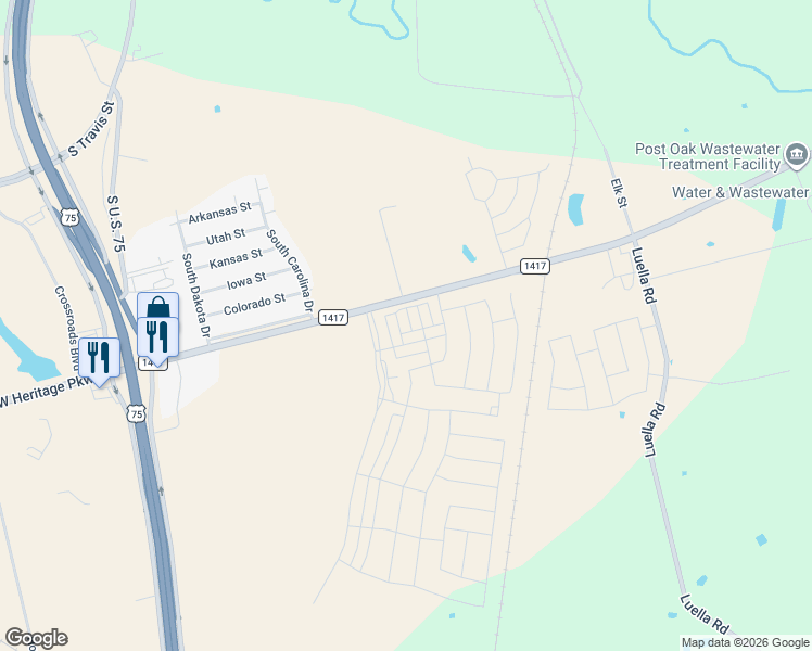 map of restaurants, bars, coffee shops, grocery stores, and more near 1601 Farm to Market Road 1417 in Sherman