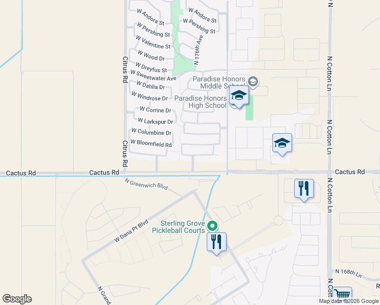 map of restaurants, bars, coffee shops, grocery stores, and more near 17674 West Charter Oak Road in Surprise
