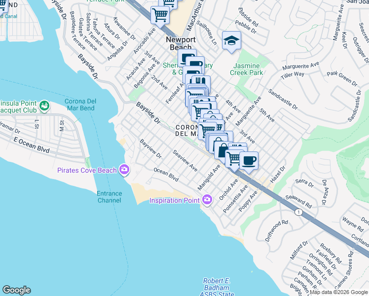 map of restaurants, bars, coffee shops, grocery stores, and more near 325 Jasmine Avenue in Newport Beach