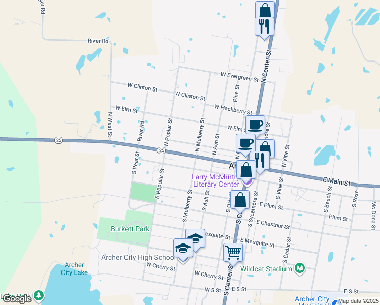 map of restaurants, bars, coffee shops, grocery stores, and more near 412 West Pecan Street in Archer City