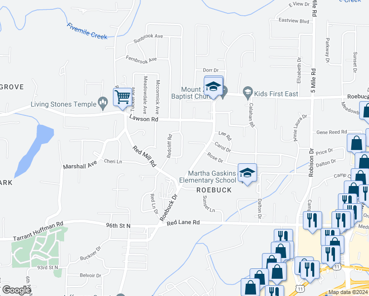 map of restaurants, bars, coffee shops, grocery stores, and more near 9829 Greenlee Road in Birmingham