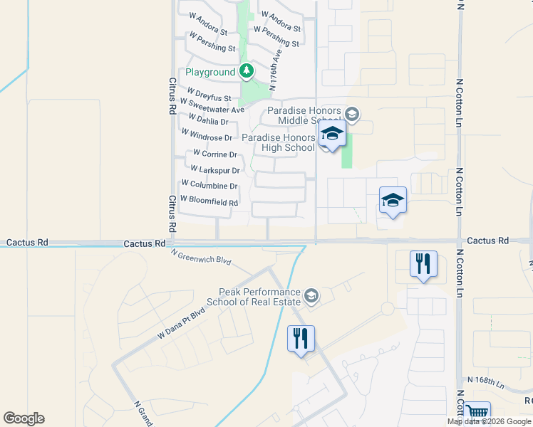 map of restaurants, bars, coffee shops, grocery stores, and more near 17653 West Bloomfield Road in Surprise