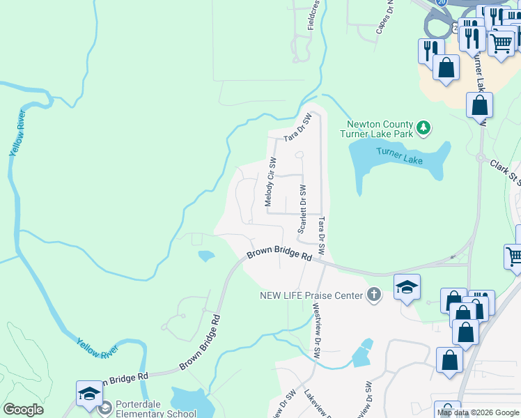 map of restaurants, bars, coffee shops, grocery stores, and more near 9220 Melody Circle Southwest in Covington