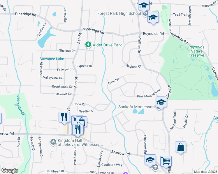 map of restaurants, bars, coffee shops, grocery stores, and more near 972 Cone Road in Forest Park