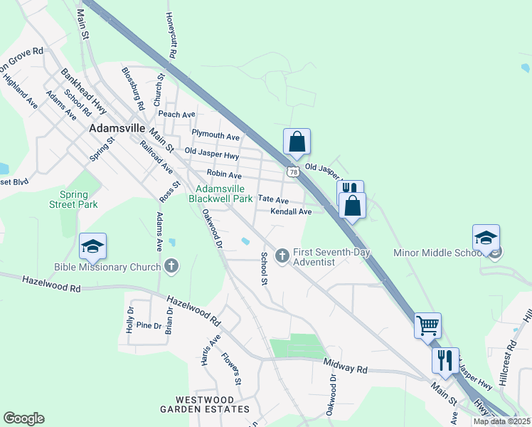 map of restaurants, bars, coffee shops, grocery stores, and more near 101 Sycamore Street in Adamsville