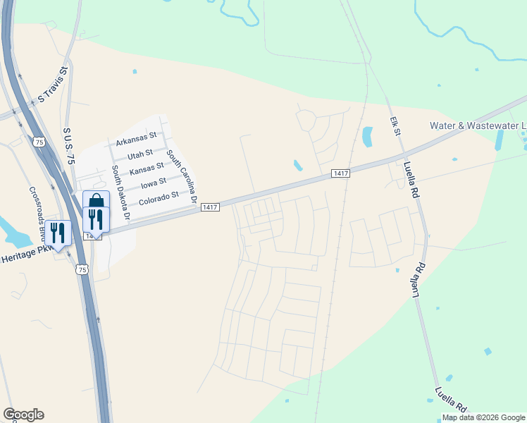 map of restaurants, bars, coffee shops, grocery stores, and more near 1601 Farm to Market Road 1417 in Sherman
