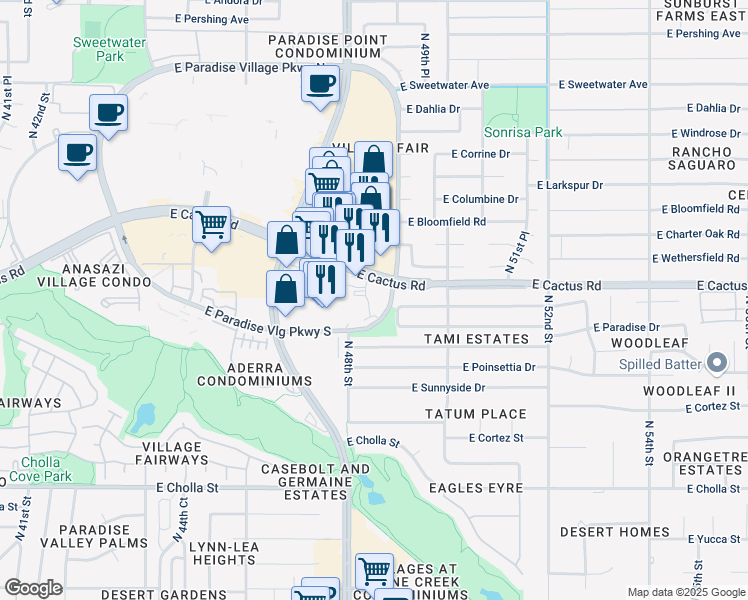map of restaurants, bars, coffee shops, grocery stores, and more near 4835 East Cactus Road in Scottsdale