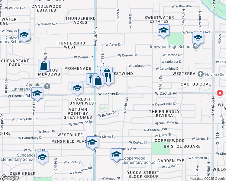 map of restaurants, bars, coffee shops, grocery stores, and more near 12230 North 65th Drive in Glendale