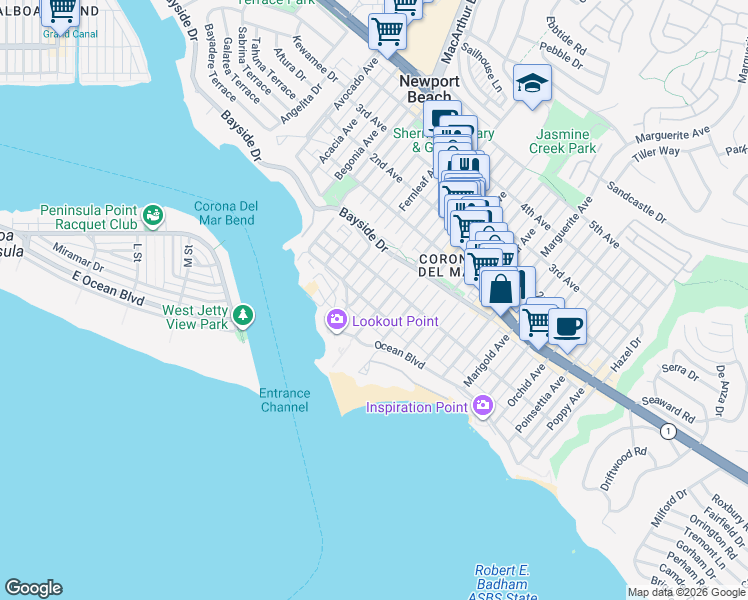 map of restaurants, bars, coffee shops, grocery stores, and more near 2820 Bayview Drive in Newport Beach