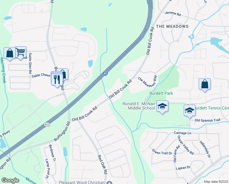 map of restaurants, bars, coffee shops, grocery stores, and more near Old Bill Cook Road in South Fulton