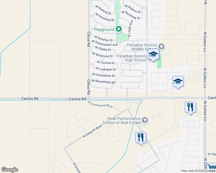 map of restaurants, bars, coffee shops, grocery stores, and more near 17781 West Bloomfield Road in Surprise