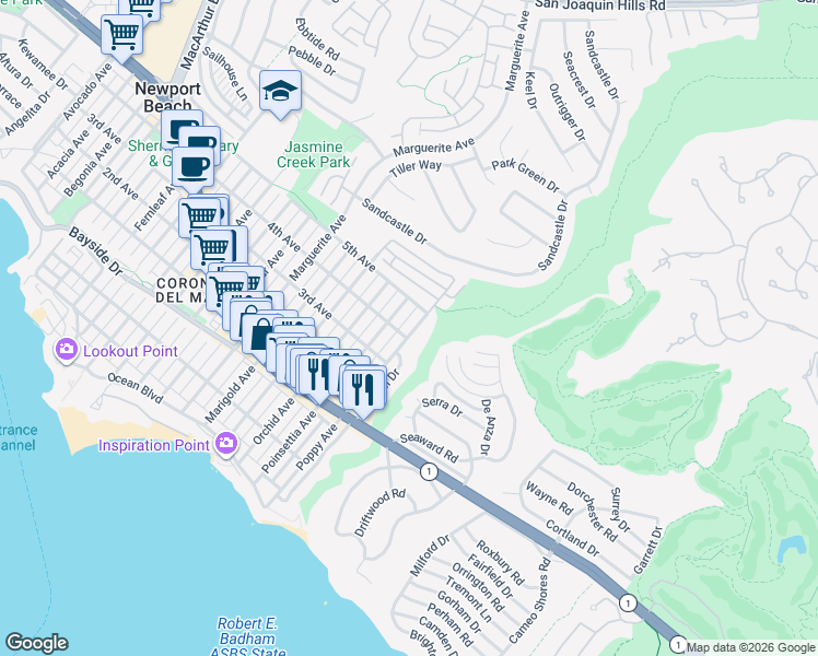 map of restaurants, bars, coffee shops, grocery stores, and more near 3731 4th Avenue in Newport Beach