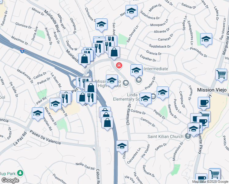 map of restaurants, bars, coffee shops, grocery stores, and more near 25025 Chrisanta Drive in Mission Viejo