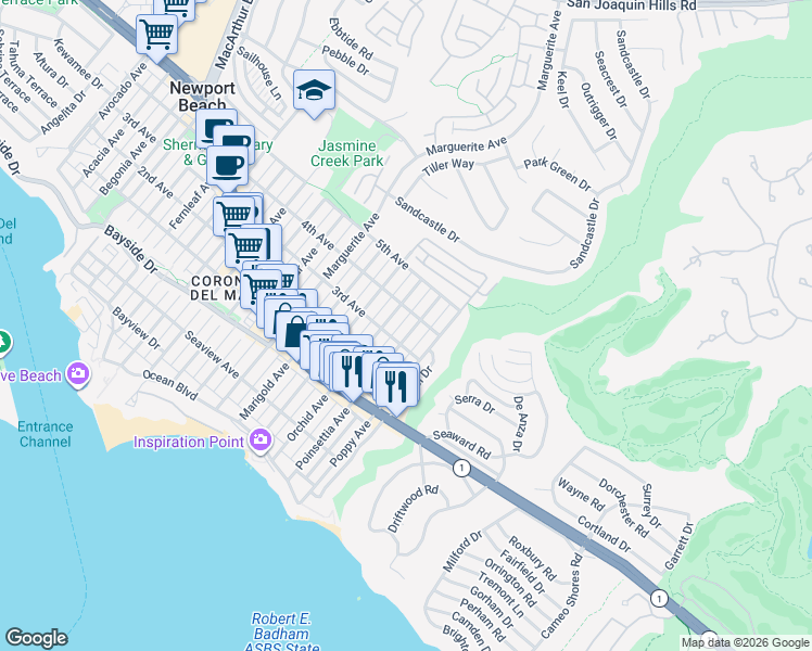 map of restaurants, bars, coffee shops, grocery stores, and more near 613 Poinsettia Avenue in Newport Beach