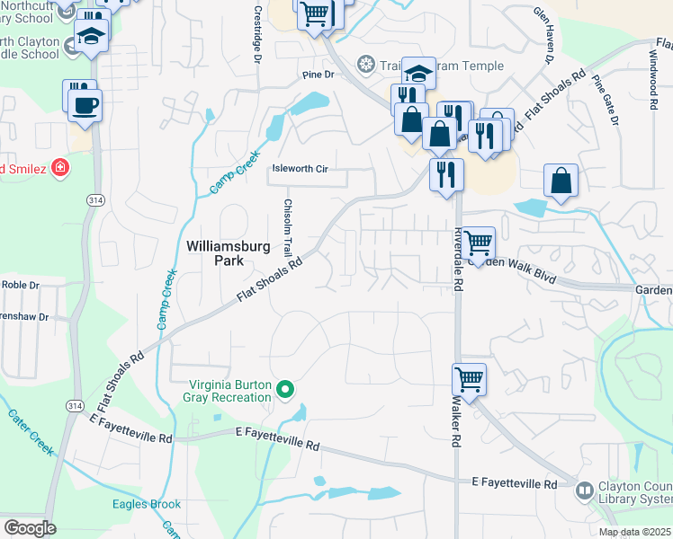 map of restaurants, bars, coffee shops, grocery stores, and more near 5814 Highgrove Drive in Atlanta