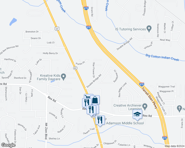 map of restaurants, bars, coffee shops, grocery stores, and more near 5789 Star Flower Drive in Ellenwood