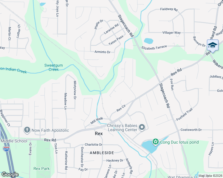map of restaurants, bars, coffee shops, grocery stores, and more near 5799 Rex Mill Drive in Rex