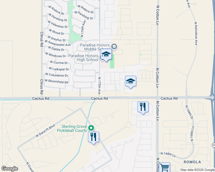 map of restaurants, bars, coffee shops, grocery stores, and more near 12421 North 175th Drive in Surprise