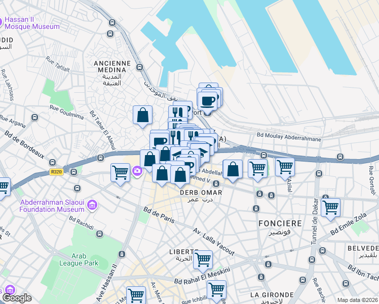 map of restaurants, bars, coffee shops, grocery stores, and more near Avenue des FAR in Casablanca