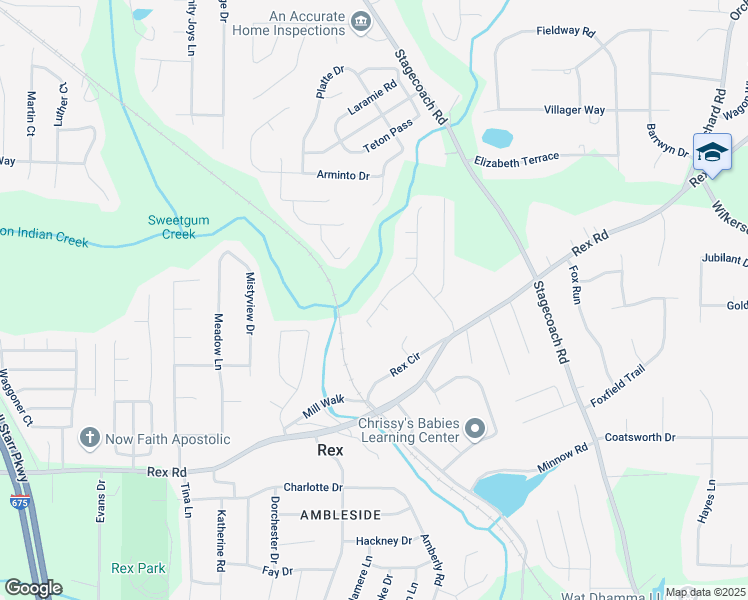 map of restaurants, bars, coffee shops, grocery stores, and more near 5807 Rex Mill Drive in Rex