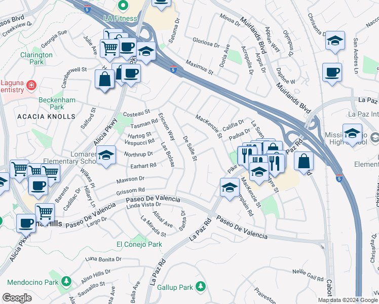 map of restaurants, bars, coffee shops, grocery stores, and more near 25451 Earhart Road in Laguna Hills