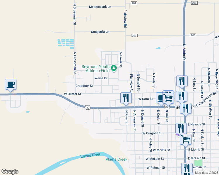 map of restaurants, bars, coffee shops, grocery stores, and more near 708 Reeves Road in Seymour