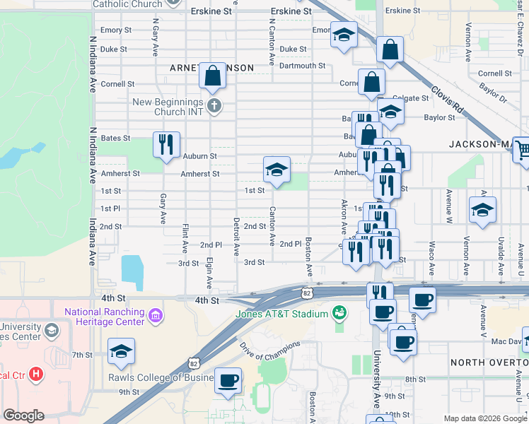 map of restaurants, bars, coffee shops, grocery stores, and more near 100 Canton Avenue in Lubbock