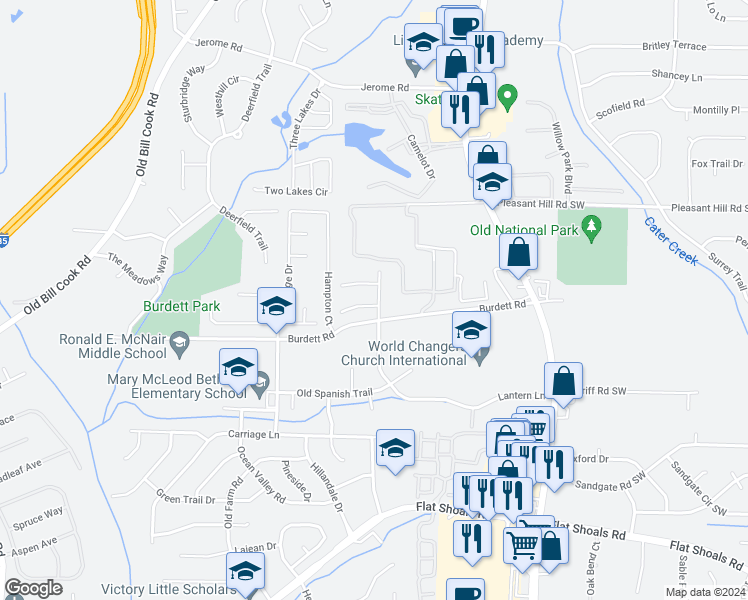 map of restaurants, bars, coffee shops, grocery stores, and more near 2637 Lantern Lane in College Park