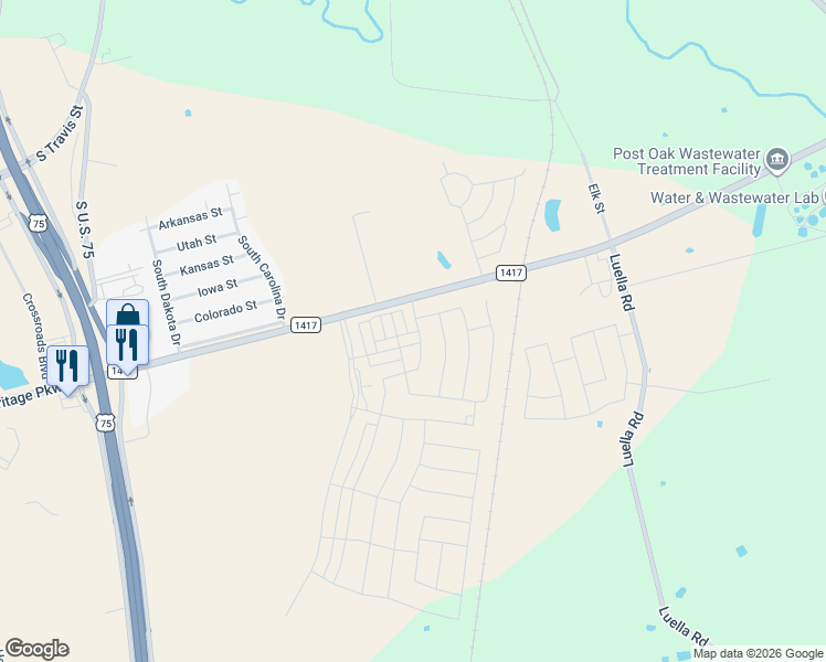 map of restaurants, bars, coffee shops, grocery stores, and more near 1601 Farm to Market Road 1417 in Sherman