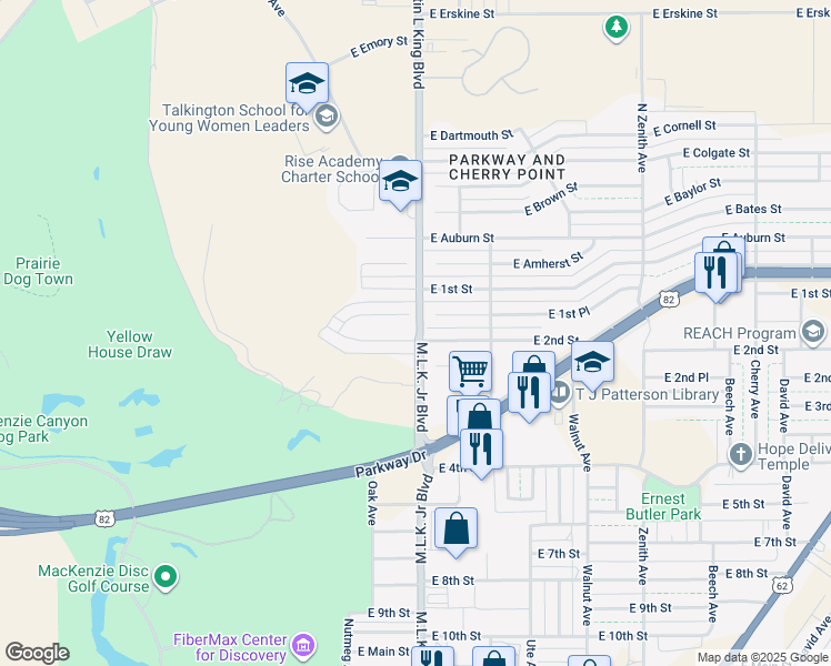 map of restaurants, bars, coffee shops, grocery stores, and more near 100 Martin Luther King Junior Boulevard in Lubbock