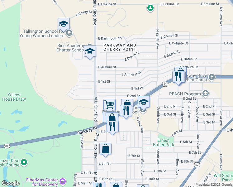 map of restaurants, bars, coffee shops, grocery stores, and more near 1802 East 1st Place in Lubbock