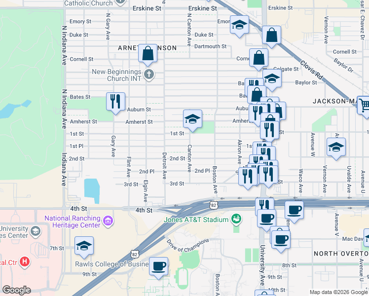 map of restaurants, bars, coffee shops, grocery stores, and more near 100 Canton Avenue in Lubbock